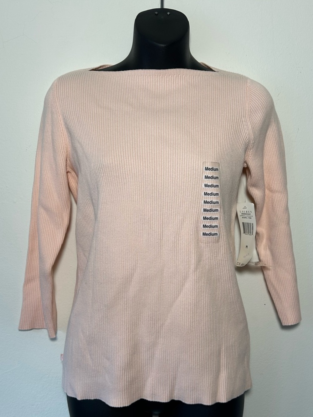 Ralph Lauren Pale Pink Ribbed Boatneck Mid Sleeve Top